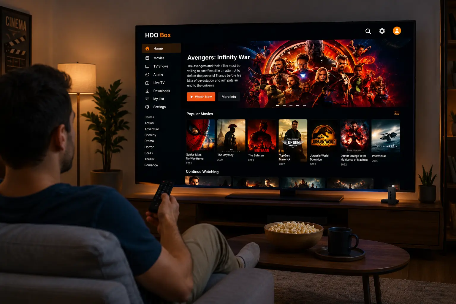 HDO Box sideloaded on a Firestick, showing trending movies on a TV screen