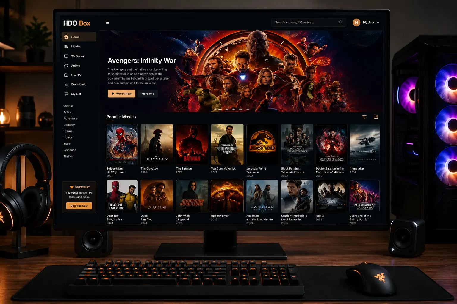 HDO Box running on a PC monitor through an Android emulator, showing trending movies