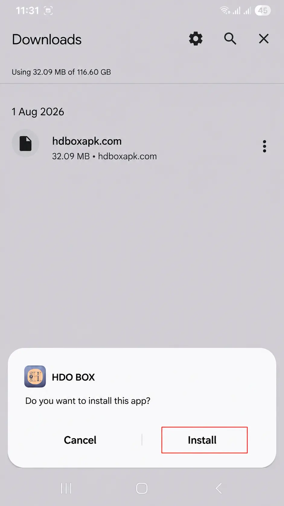 Browser downloading the hdo box apk file with a progress bar