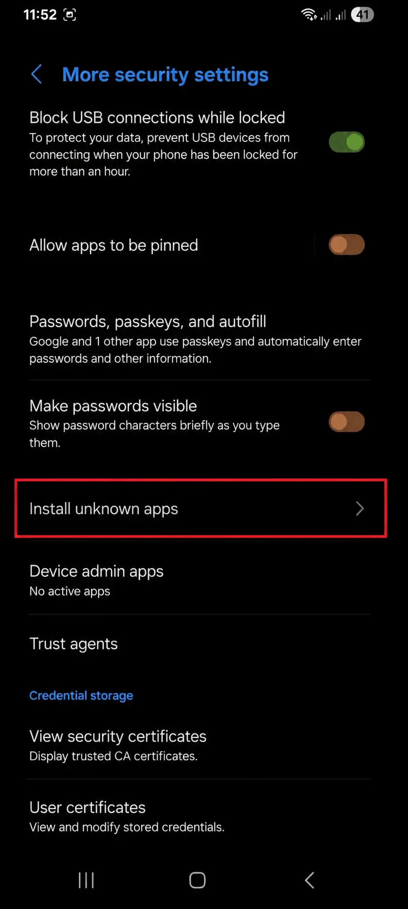 Android settings screen showing the unknown sources toggle turned on