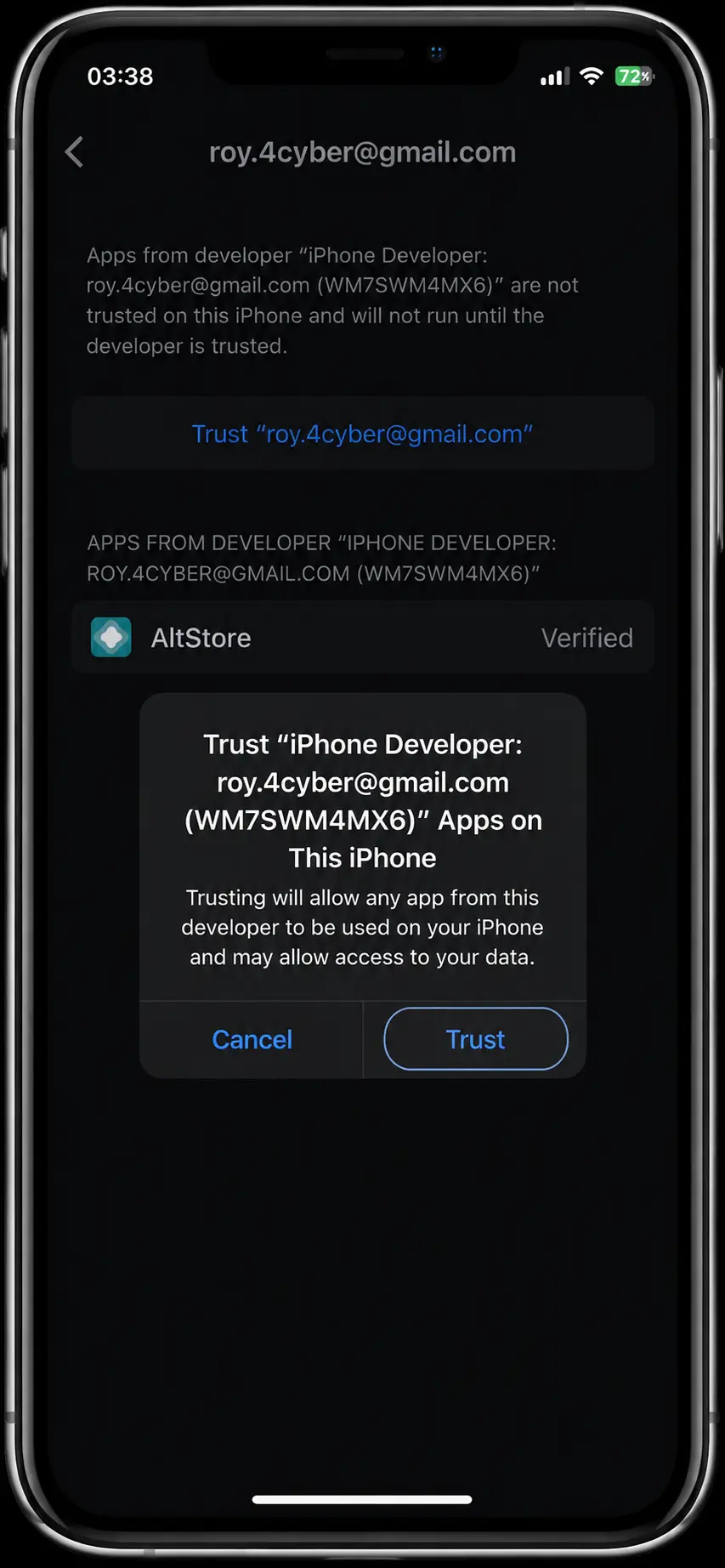 AltStore file picker with the hdo box ipa file selected for install